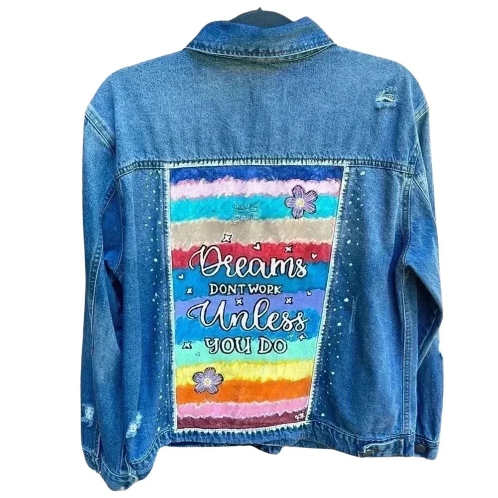 Hand-Painted Colorful Graphic Upcycled Jean Jacket-Black Label-Large‎